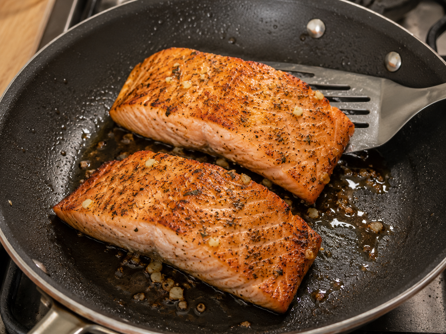 Lemon garlic salmon cooking in a skillet until browned and flaky.
