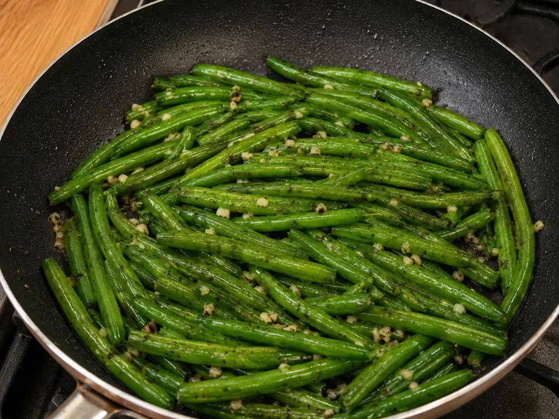 Green beans cooking with garlic in a skillet until bright green and crisp-tender.