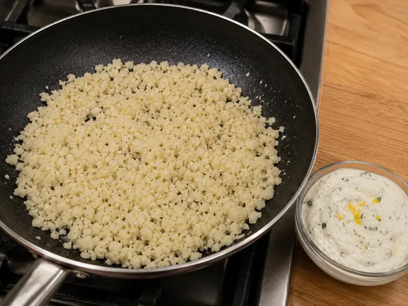 Cauliflower rice cooking in a skillet with lemon garlic yogurt sauce prepared nearby.