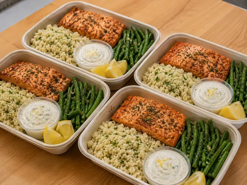 Finished lemon garlic salmon green bean boxes with cauliflower rice, salmon, green beans, lemon wedges, and yogurt sauce.