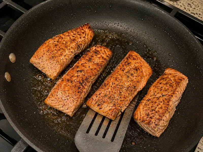 Salmon cooking in a skillet until browned and flaky for a lemon herb salmon bowl.