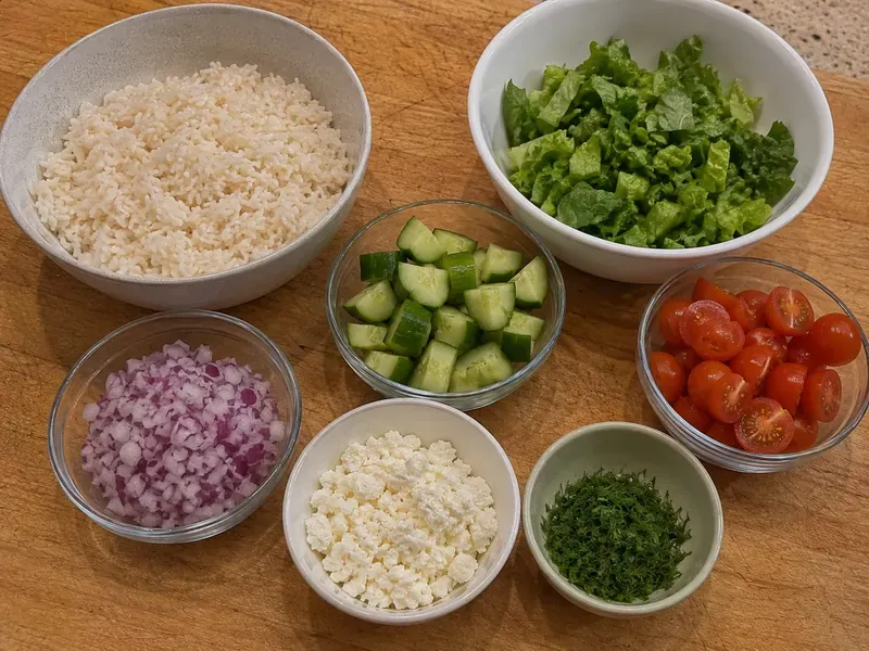 Rice, greens, cucumber, tomatoes, red onion, feta, and herbs prepared for a salmon bowl.