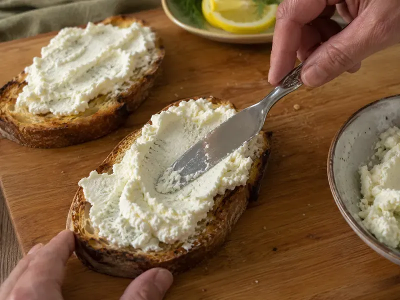 Lemon ricotta spread over toasted sourdough slices.