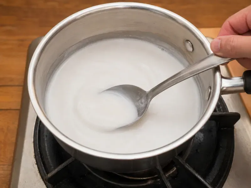 Coconut milk warmed with sugar and salt in a small saucepan.