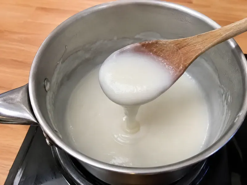 Coconut sauce stirred in a saucepan until lightly thickened.