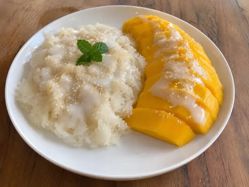 Finished mango sticky rice served with ripe mango slices and coconut sauce.