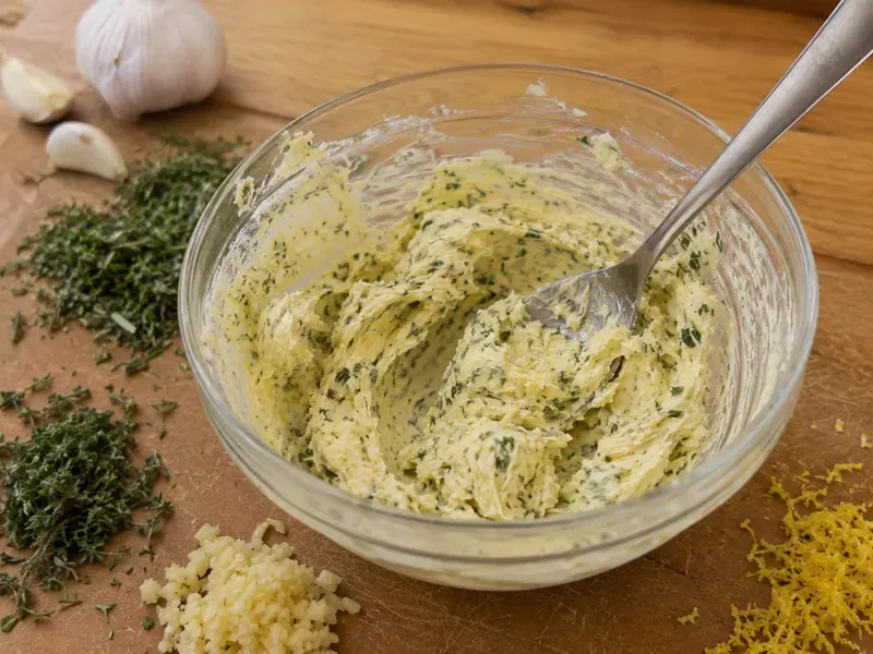Garlic herb butter mixed with rosemary, thyme, garlic, and Dijon mustard.