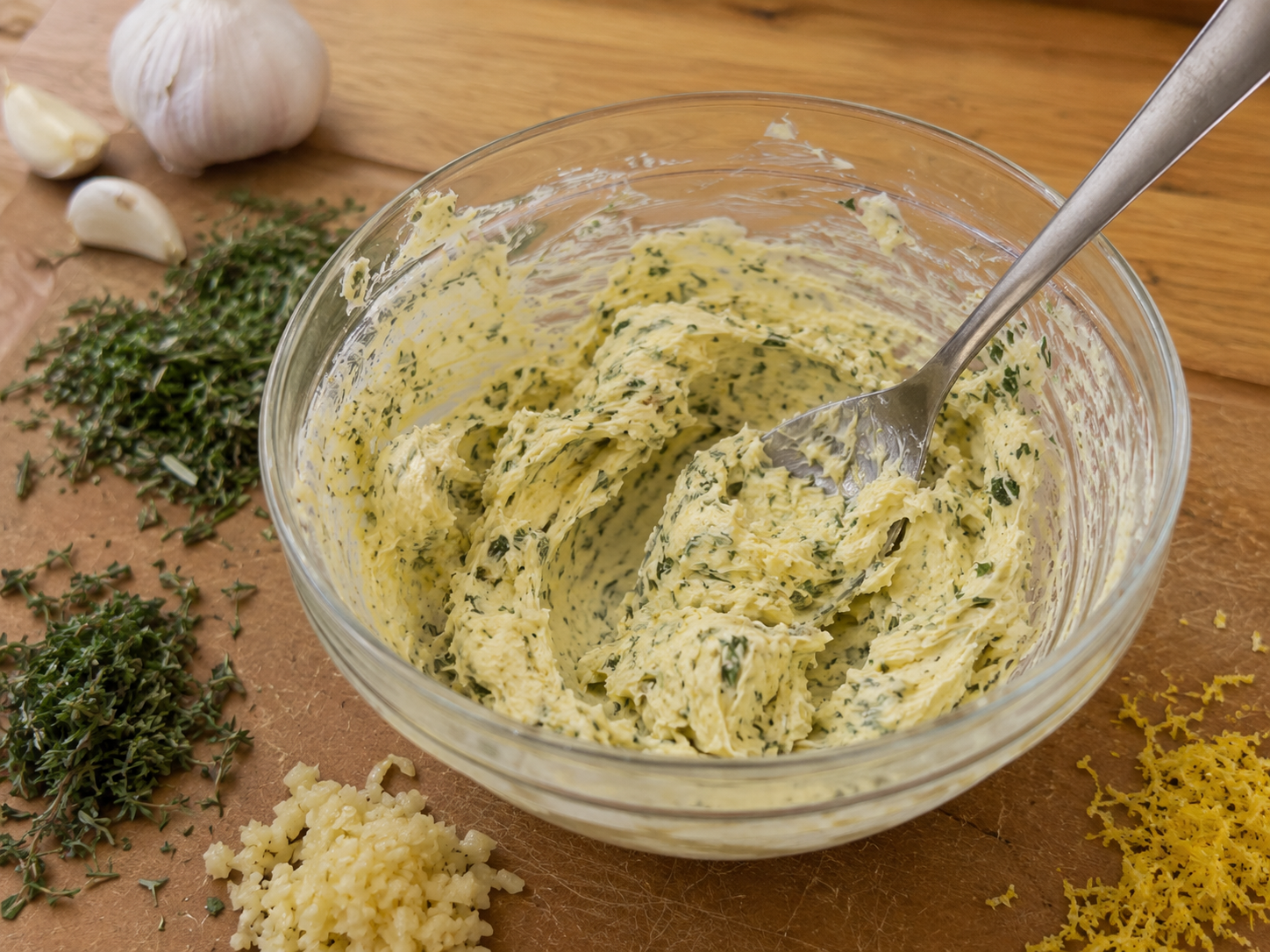 Garlic herb butter mixed with rosemary, thyme, garlic, and Dijon mustard.