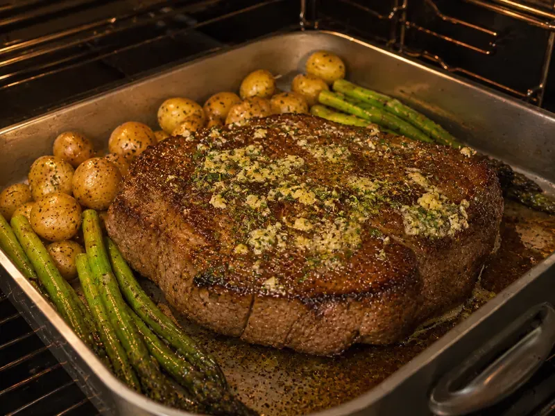 Seared steak roast topped with garlic herb butter before roasting in the oven.