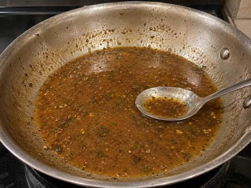 Pan juices made with broth, Worcestershire sauce, and browned bits in a skillet.