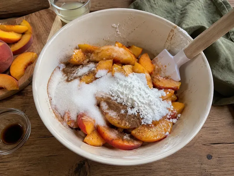 Sliced peaches tossed with sugar, lemon juice, cornstarch, vanilla, and cinnamon.