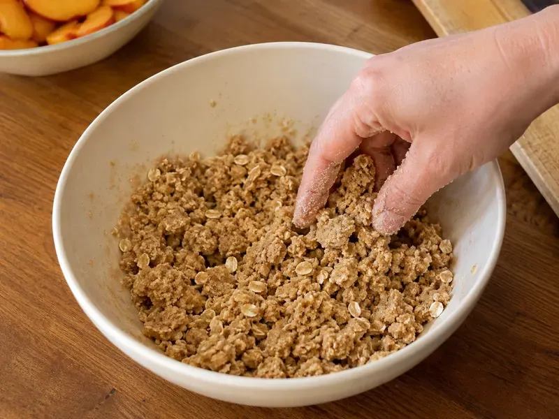 Flour, brown sugar, oats, cinnamon, and butter mixed into crumble topping.