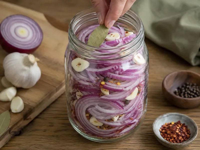 Thin red onion slices added to a glass jar with garlic and peppercorns.