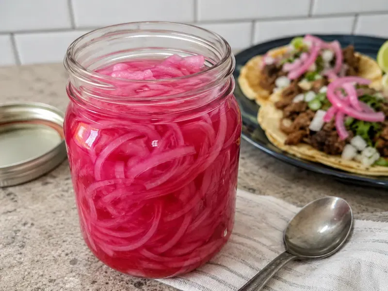 Finished pickled red onions in a jar with bright pink onions and tangy brine.