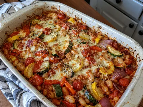 Roasted Vegetable & White Bean Bake with zucchini, bell peppers, tomatoes, white beans, tomato sauce, and melted cheese in a baking dish.