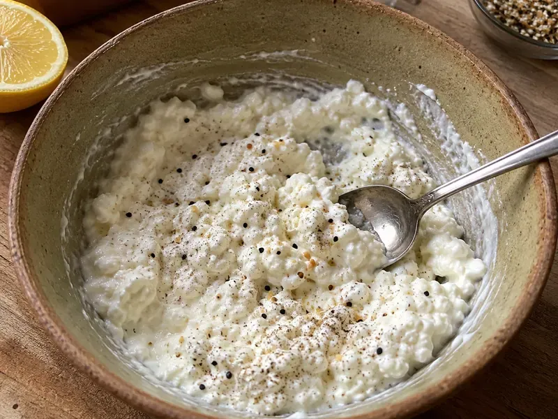 Cottage cheese mixed with lemon juice, black pepper, and everything bagel seasoning.