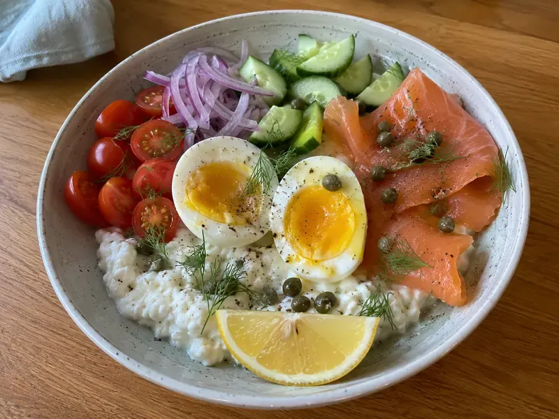 Finished Smoked Salmon Egg & Cottage Cheese Bowl ready to serve.