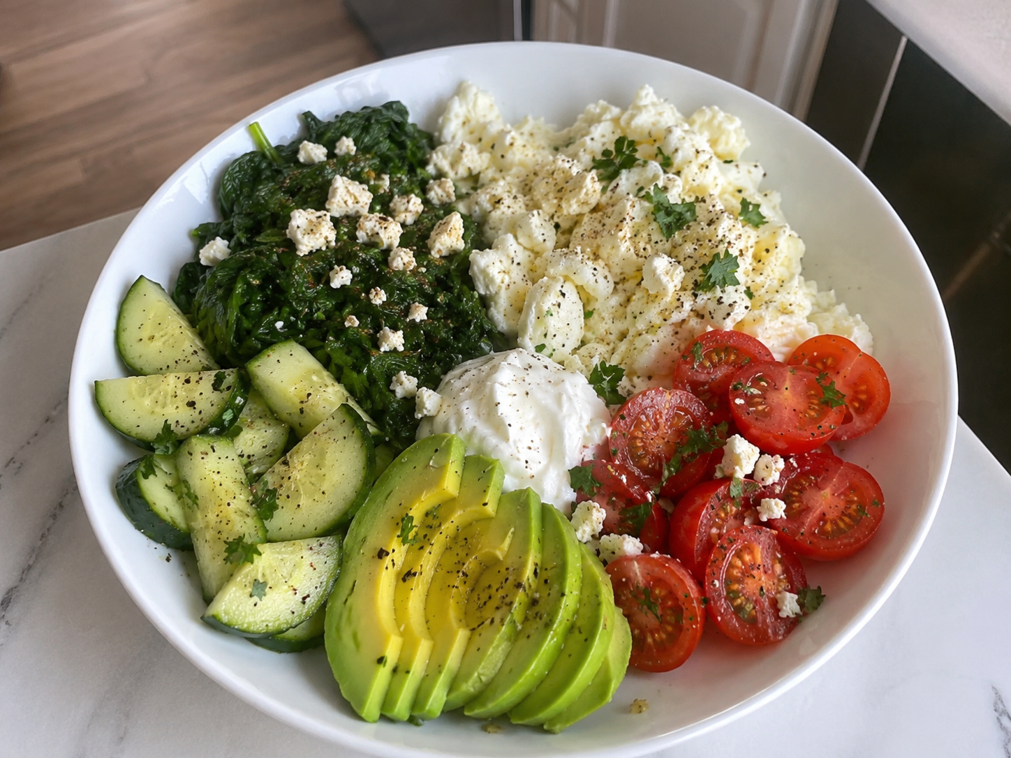 Spinach feta egg white breakfast bowl with fluffy egg whites, spinach, feta, tomatoes, cucumber, avocado, and herbs.
