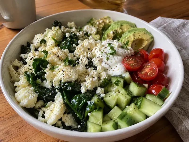 Finished Spinach Feta Egg White Breakfast Bowl with egg whites, spinach, feta, avocado, and fresh toppings.