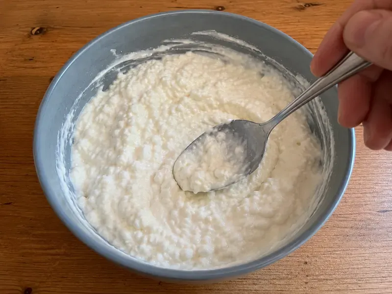 Cottage cheese cheesecake mixture blended or mashed until creamier.
