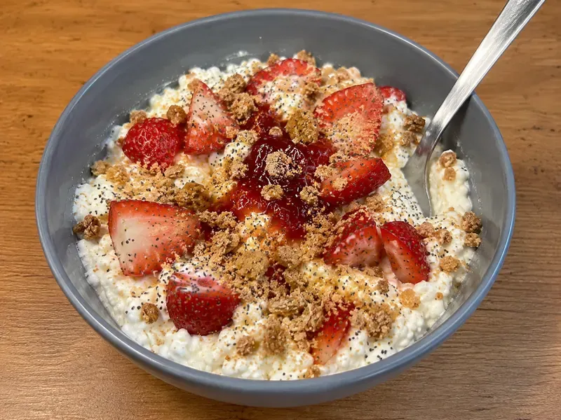 Finished Strawberry Cheesecake Cottage Cheese Bowl ready to serve.