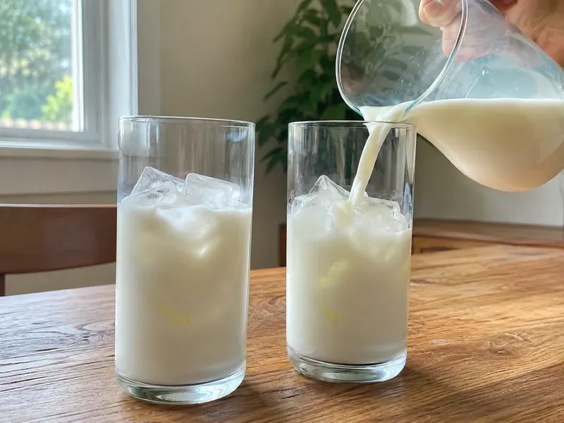 Tall glasses filled with ice and milk for matcha lattes.
