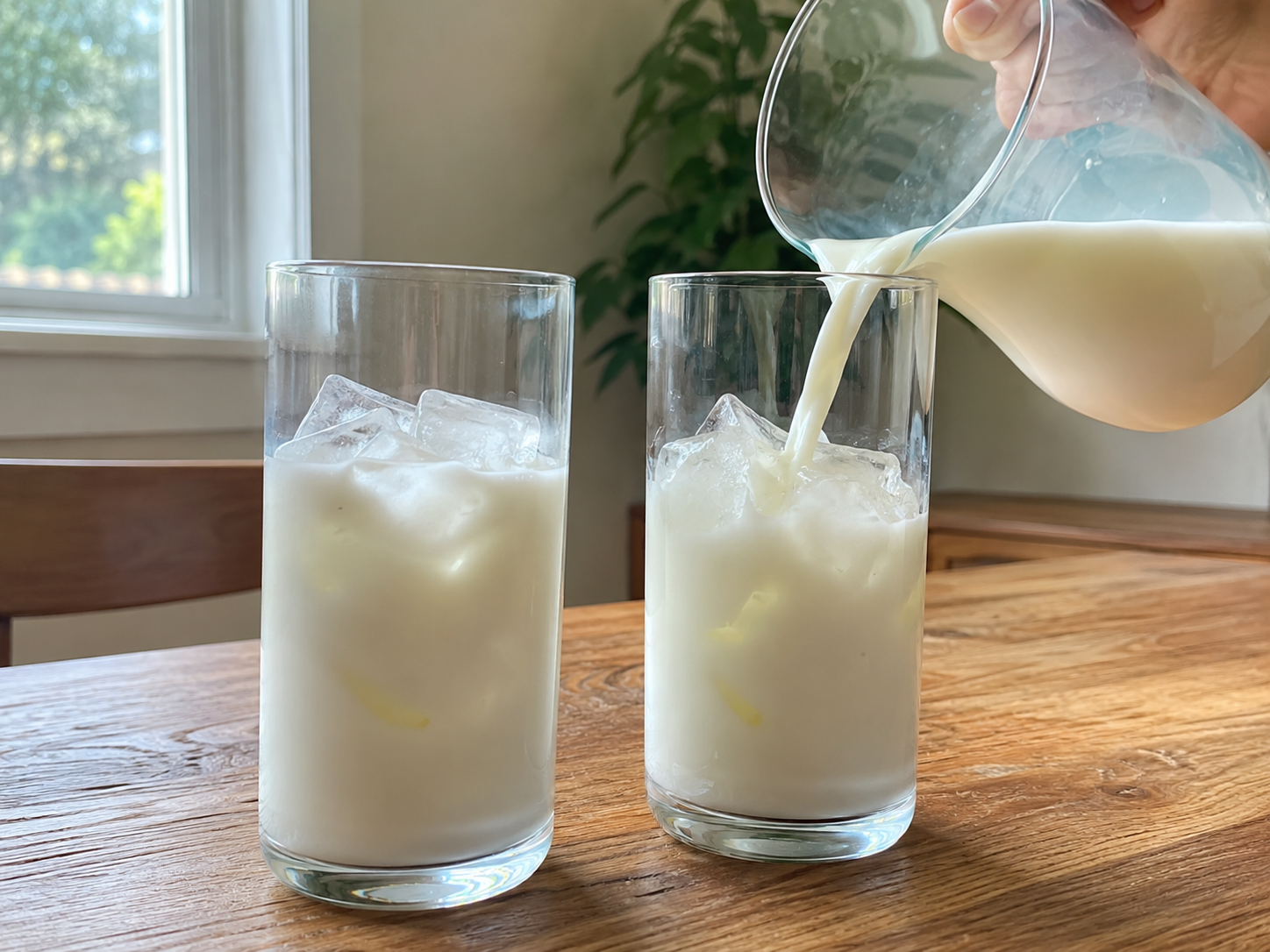 Tall glasses filled with ice and milk for matcha lattes.