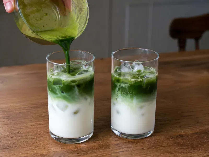 Whisked matcha poured into iced milk to create layered matcha lattes.