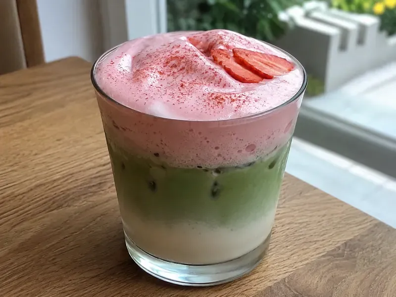 Finished Strawberry Cold Foam Matcha Latte with fluffy pink foam and layered matcha.