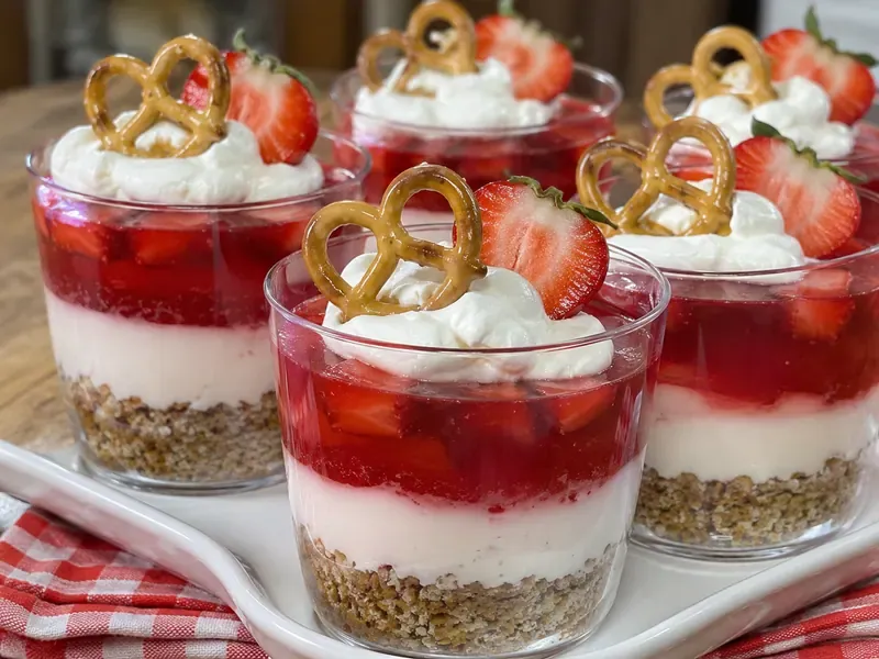 Finished Strawberry Pretzel Jello Salad Cups with strawberry gelatin, cream, pretzels, and whipped topping.