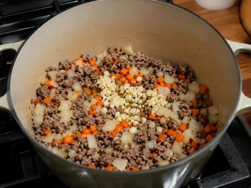 Onion, garlic, and carrot cooking with browned ground beef in a pot.
