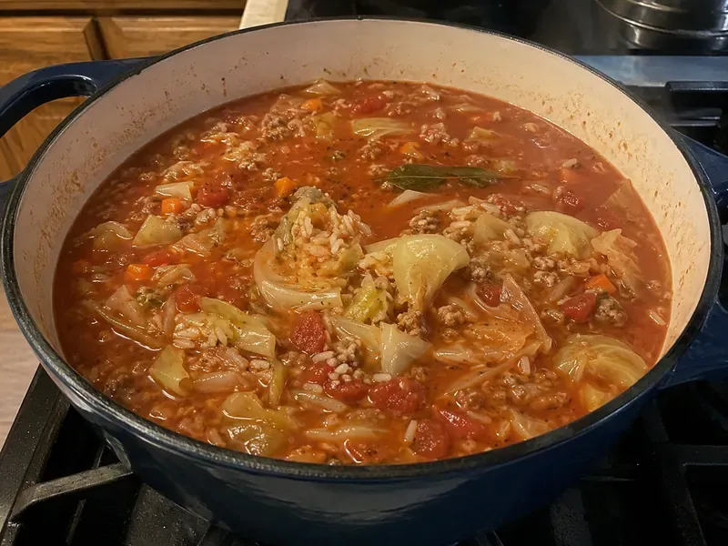 Stuffed cabbage roll soup simmering with tomato broth, cabbage, ground beef, rice, carrots, and herbs.