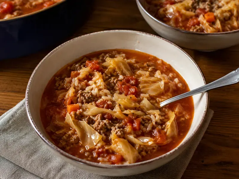 Finished stuffed cabbage roll soup served in bowls with cabbage, beef, tomatoes, rice, carrots, and parsley.