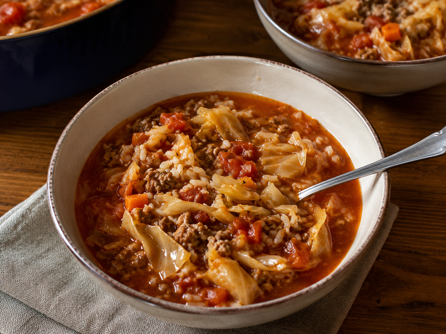 Finished stuffed cabbage roll soup served in bowls with cabbage, beef, tomatoes, rice, carrots, and parsley.