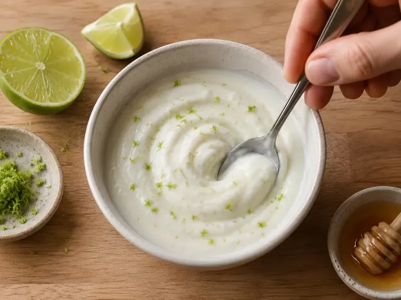 Lime yogurt dip mixed with Greek yogurt, lime zest, lime juice, honey, and salt.