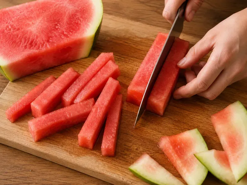 Seedless watermelon cut into long fry-shaped sticks on a cutting board.