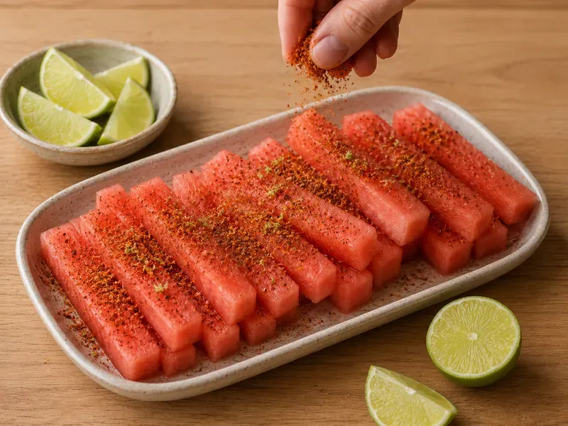 Watermelon fries sprinkled with Tajín seasoning and lime zest.