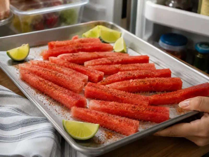 Seasoned Tajín watermelon fries chilled on a tray with lime wedges.