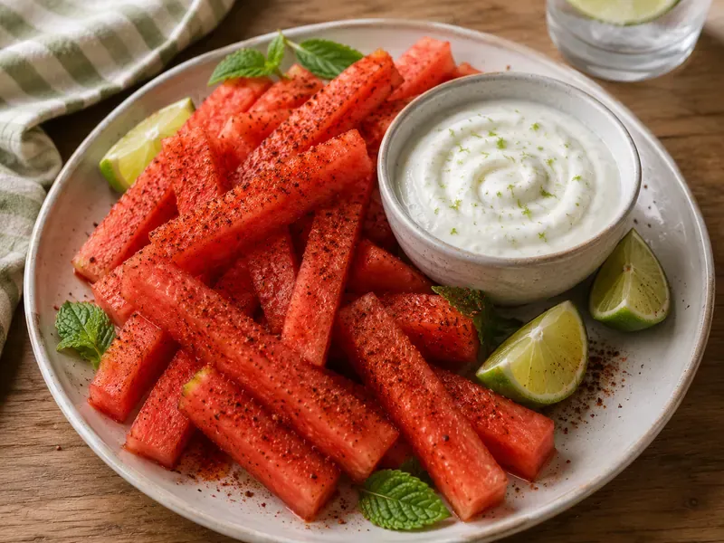 Finished Tajín watermelon fries served with creamy lime yogurt dip.