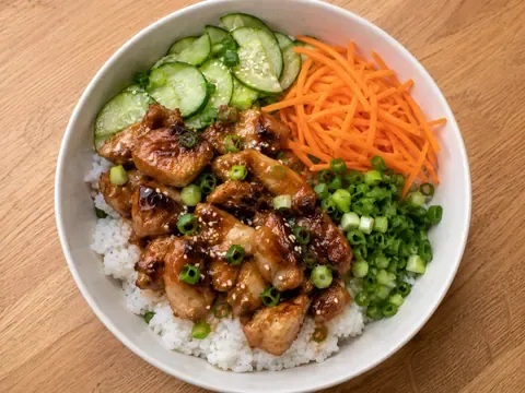 Teriyaki chicken rice bowl with saucy chicken, white rice, cucumber, carrots, green onions, and sesame seeds.