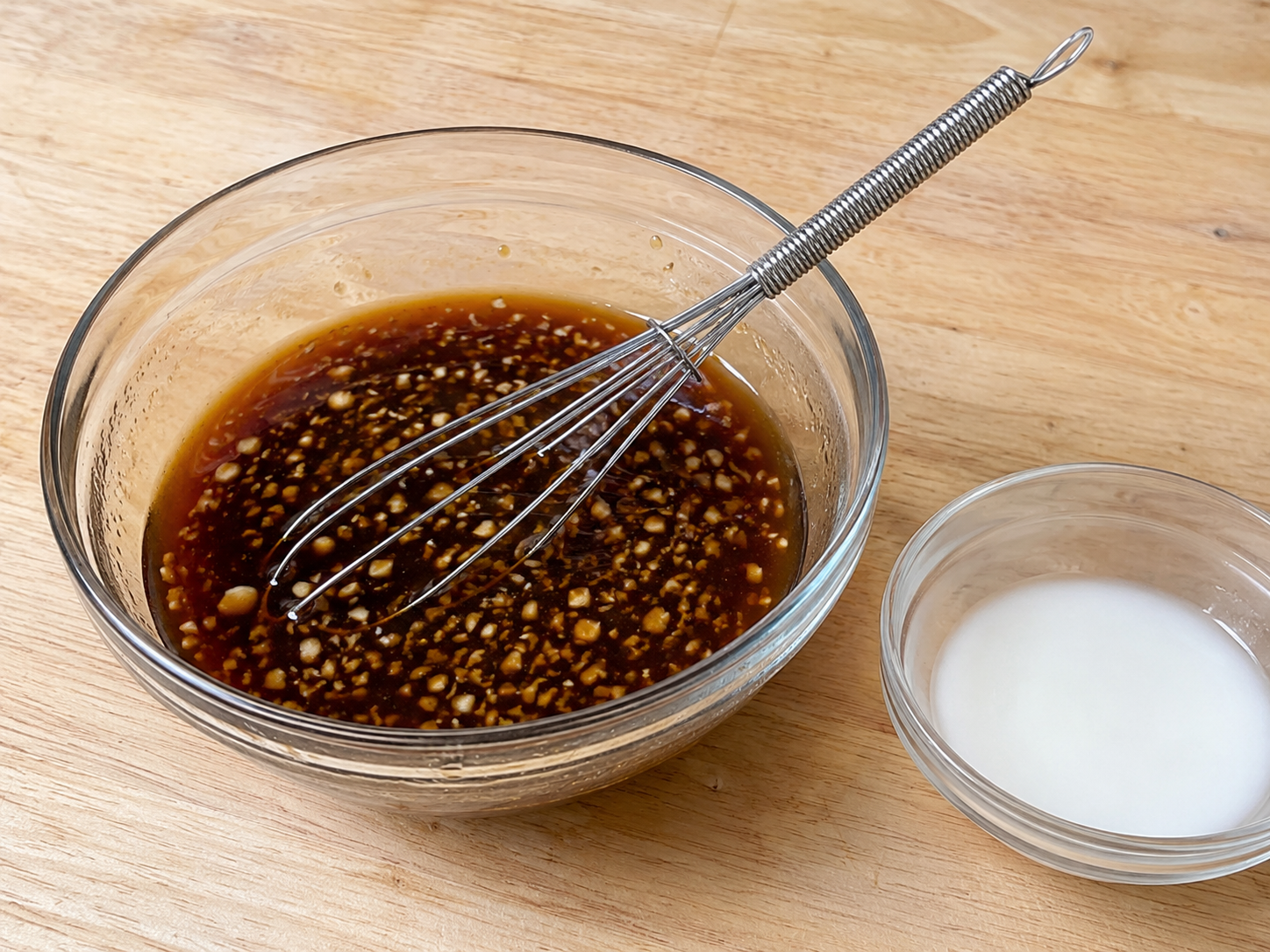Teriyaki sauce ingredients mixed in a bowl with soy sauce, honey, garlic, ginger, and rice vinegar.