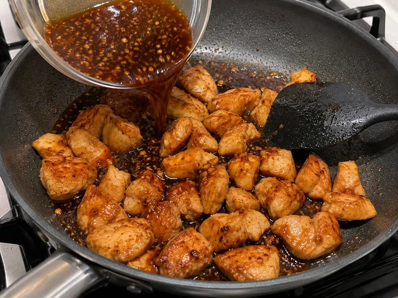 Teriyaki sauce thickening in a skillet and coating cooked chicken pieces.