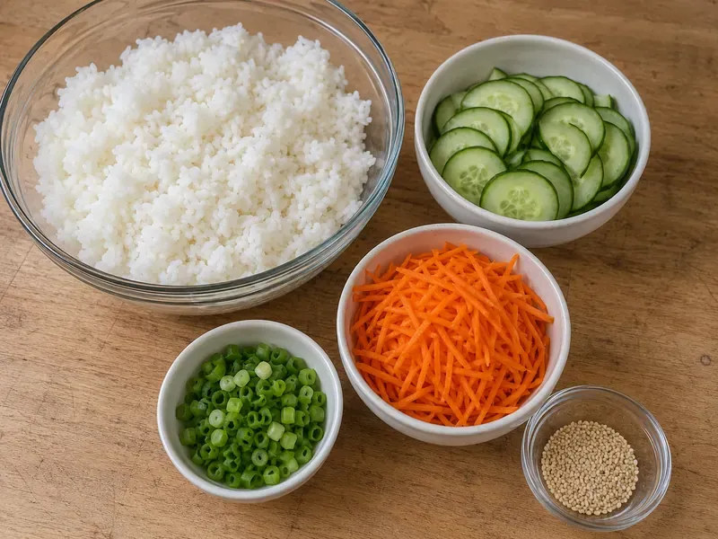 Rice, sliced cucumber, shredded carrots, green onions, and sesame seeds prepared for teriyaki chicken bowls.