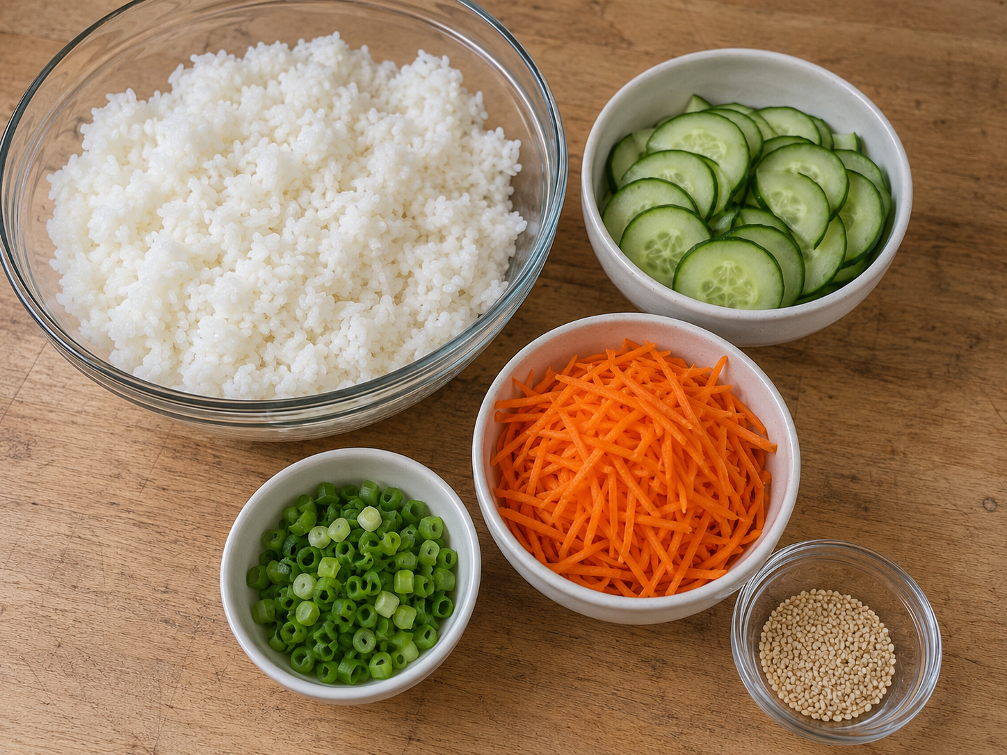 Rice, sliced cucumber, shredded carrots, green onions, and sesame seeds prepared for teriyaki chicken bowls.