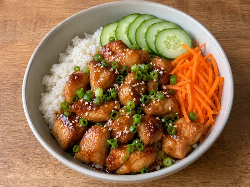 Finished teriyaki chicken rice bowl with white rice, saucy chicken, cucumber, carrots, green onions, and sesame seeds.