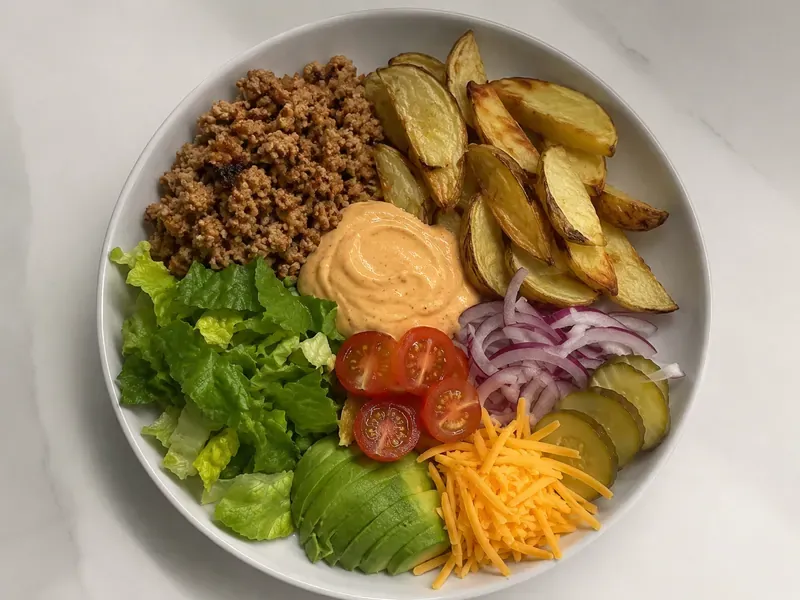 Turkey burger protein bowl with ground turkey, roasted potatoes, lettuce, tomatoes, pickles, red onion, and burger sauce.