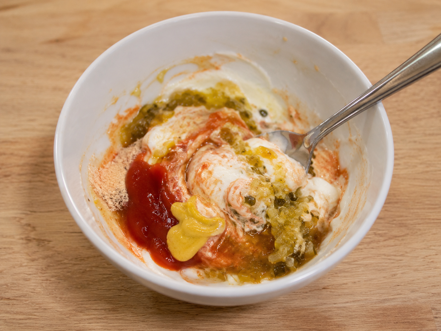 Burger sauce mixed in a small bowl with Greek yogurt, ketchup, mustard, and relish.