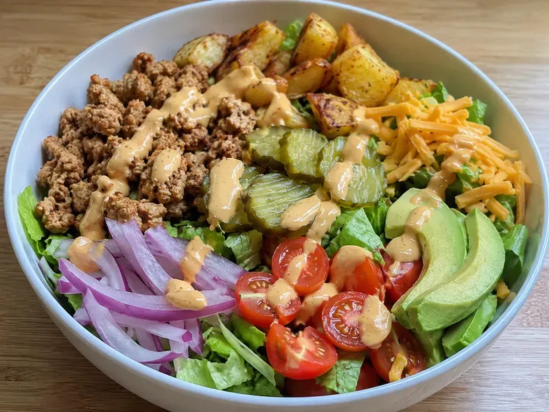 Finished Turkey Burger Protein Bowl with turkey, roasted potatoes, fresh toppings, and burger sauce.