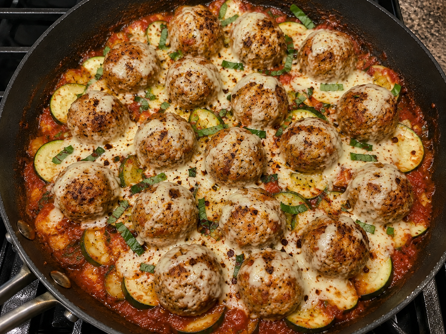 Turkey meatball zucchini skillet with marinara sauce, melted mozzarella, basil, and red pepper flakes.