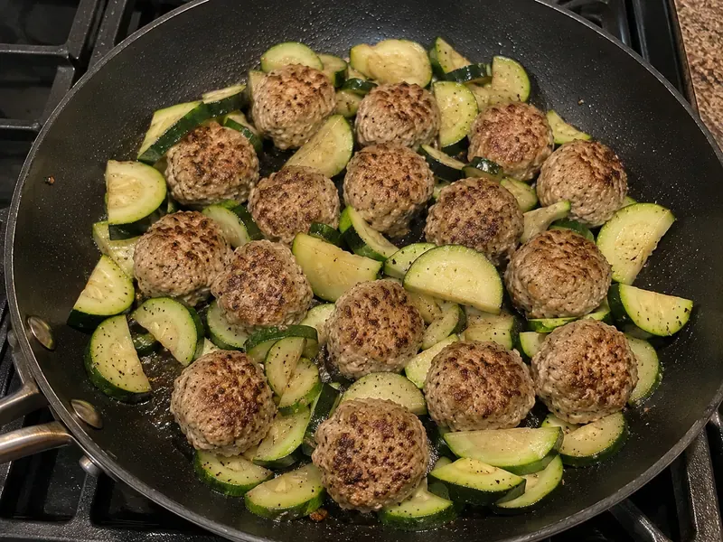 Sliced zucchini added to browned turkey meatballs in a skillet.